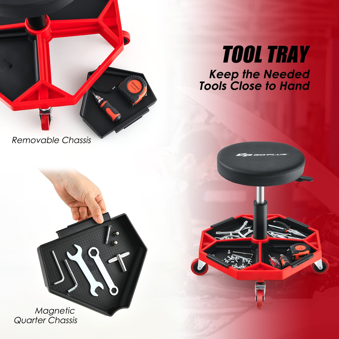 330 LBS Capacity Pneumatic Rolling Mechanic Stool with Padded Seat-Red