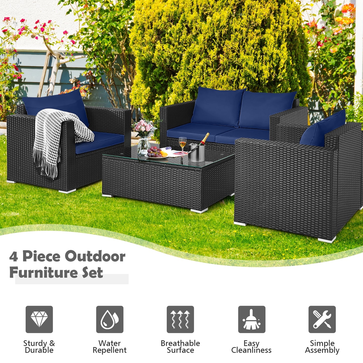 4 Pieces Patio Rattan Conversation Set with Padded Cushions-Navy