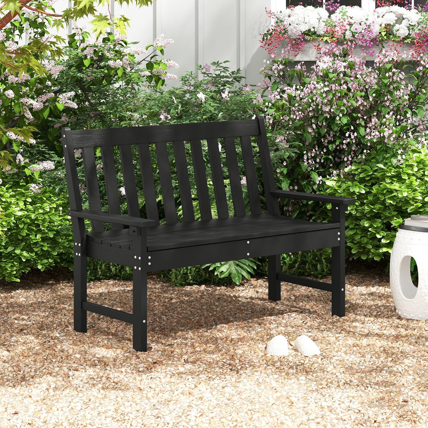 52 Inch All-Weather HDPE Outdoor Bench with Backrest and Armrests-Black