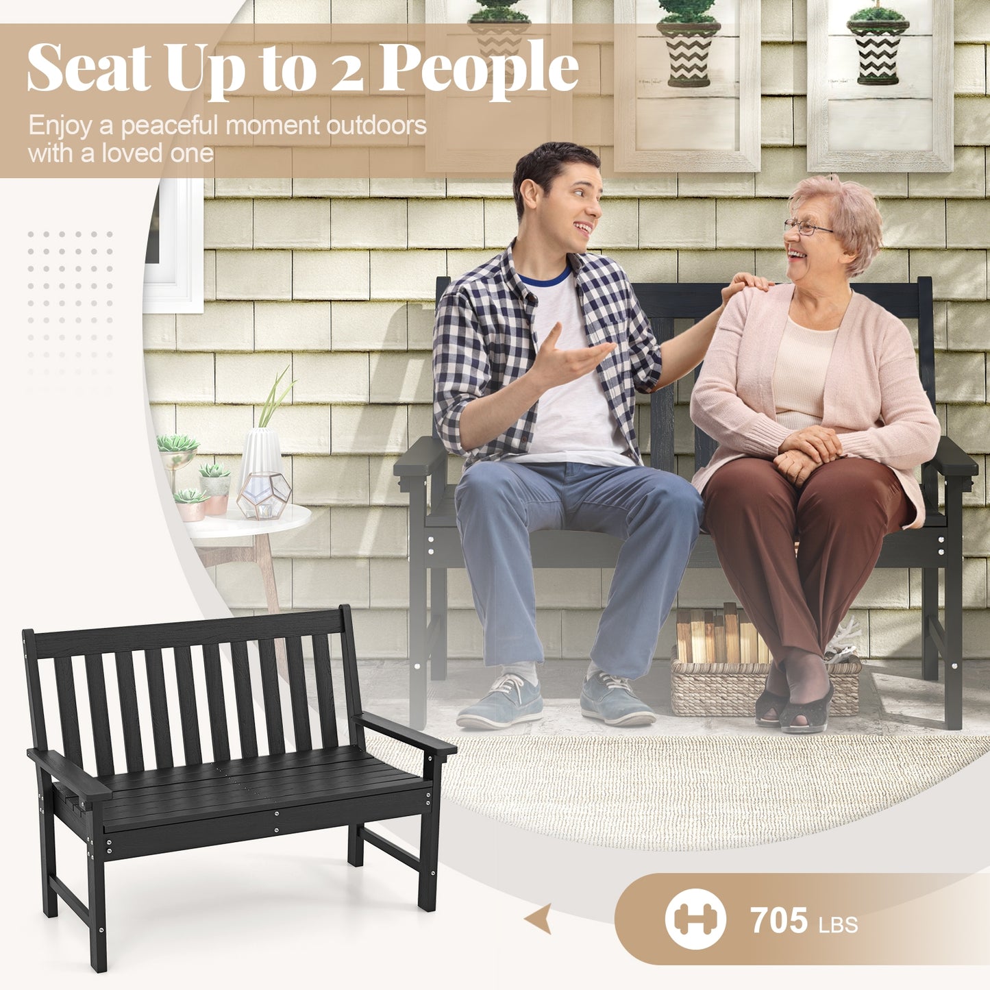 52 Inch All-Weather HDPE Outdoor Bench with Backrest and Armrests-Black