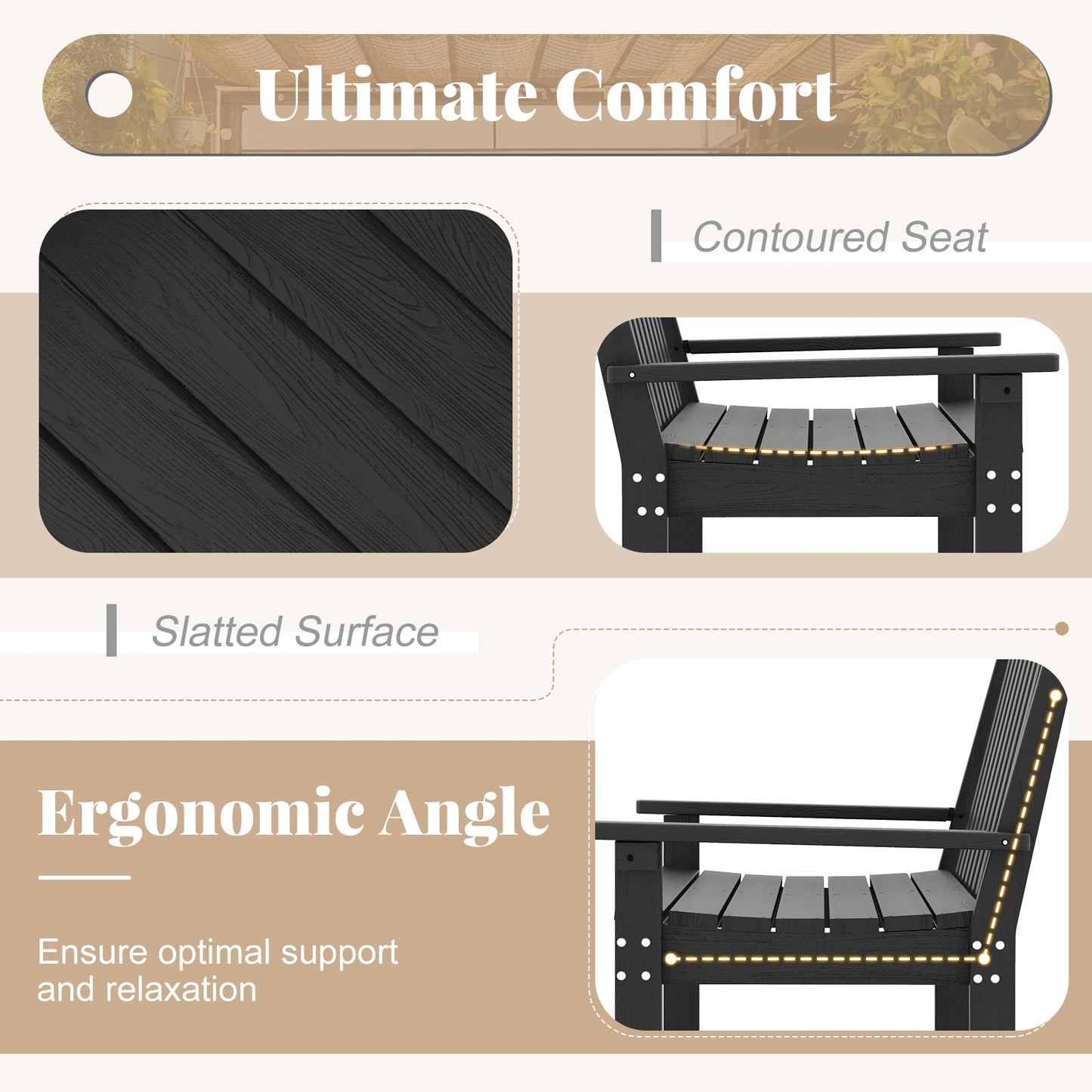 52 Inch All-Weather HDPE Outdoor Bench with Backrest and Armrests-Black