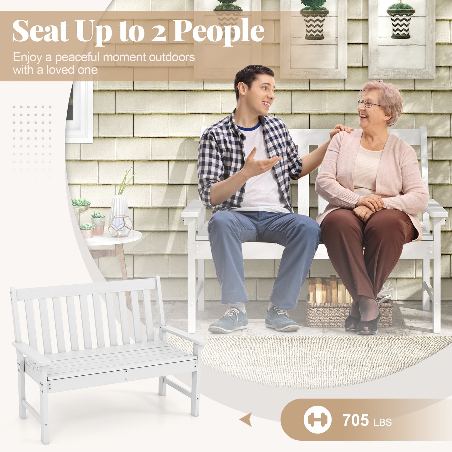 52 Inch All-Weather HDPE Outdoor Bench with Backrest and Armrests-White