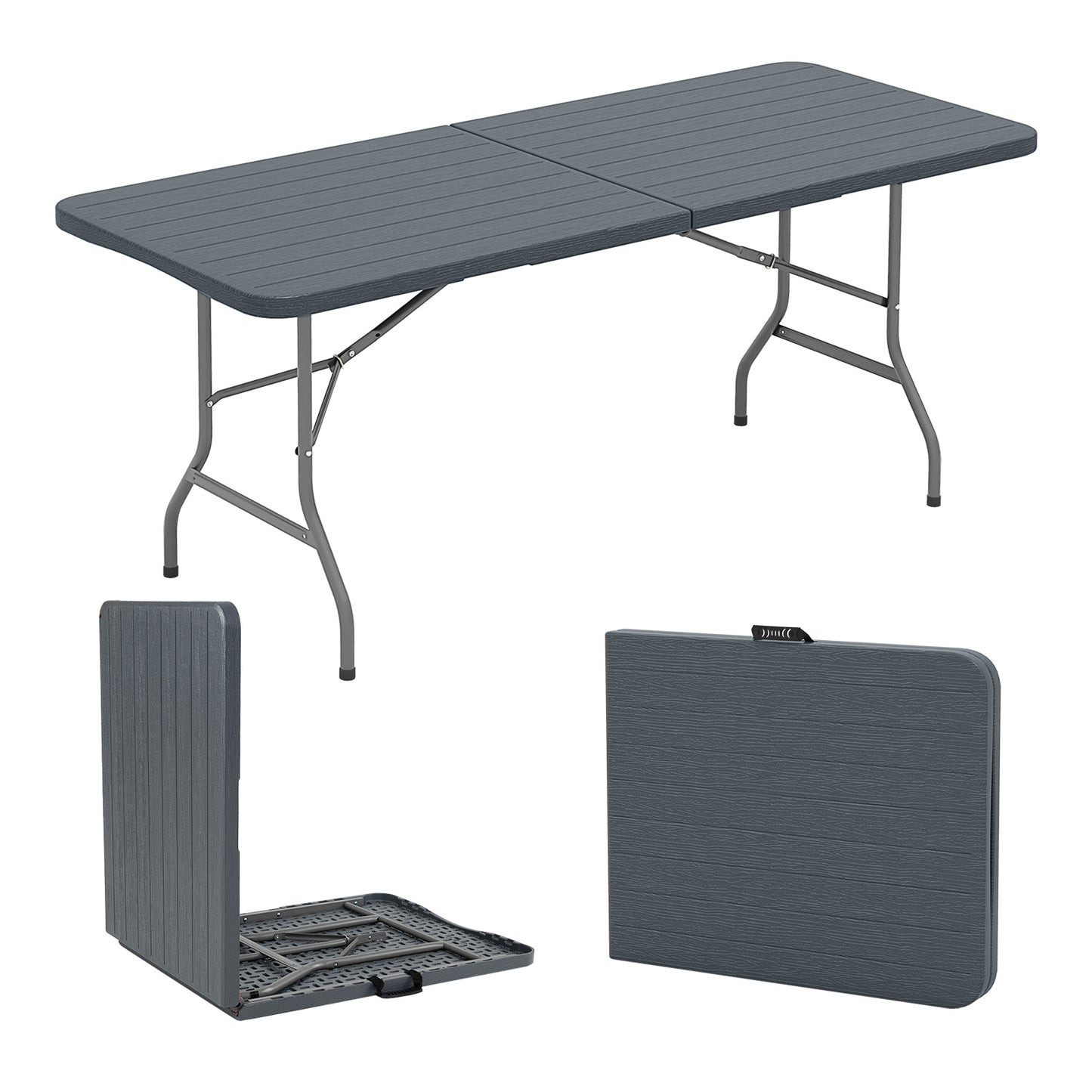 6 Feet Folding Table with Wood Grain HDPE Tabletop and Safe Lock Mechanism-Gray