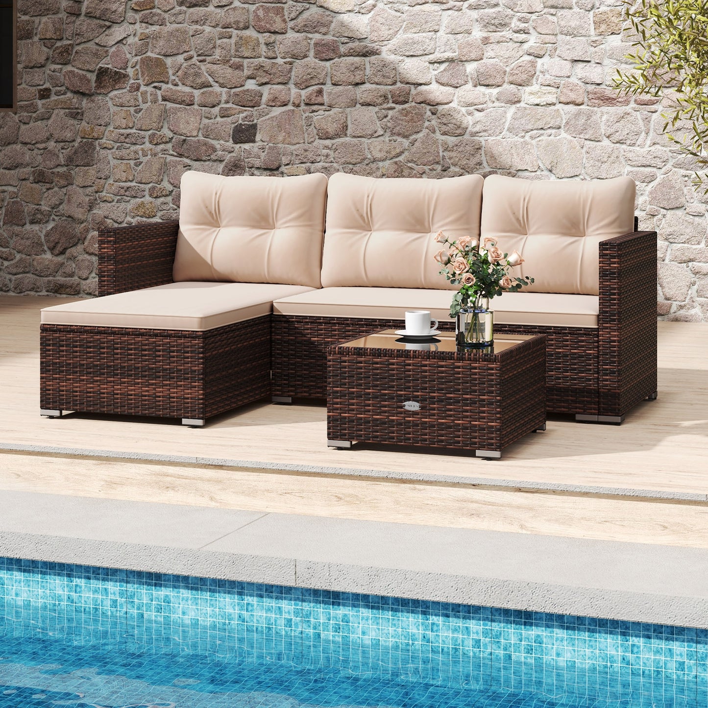 4 Seats Outdoor Wicker Furniture Set with Tempered Glass Coffee Table and Soft Cushions-Beige