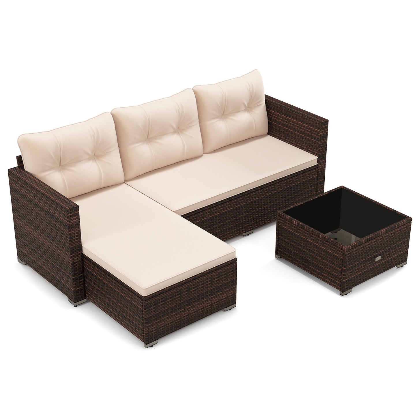 4 Seats Outdoor Wicker Furniture Set with Tempered Glass Coffee Table and Soft Cushions-Beige