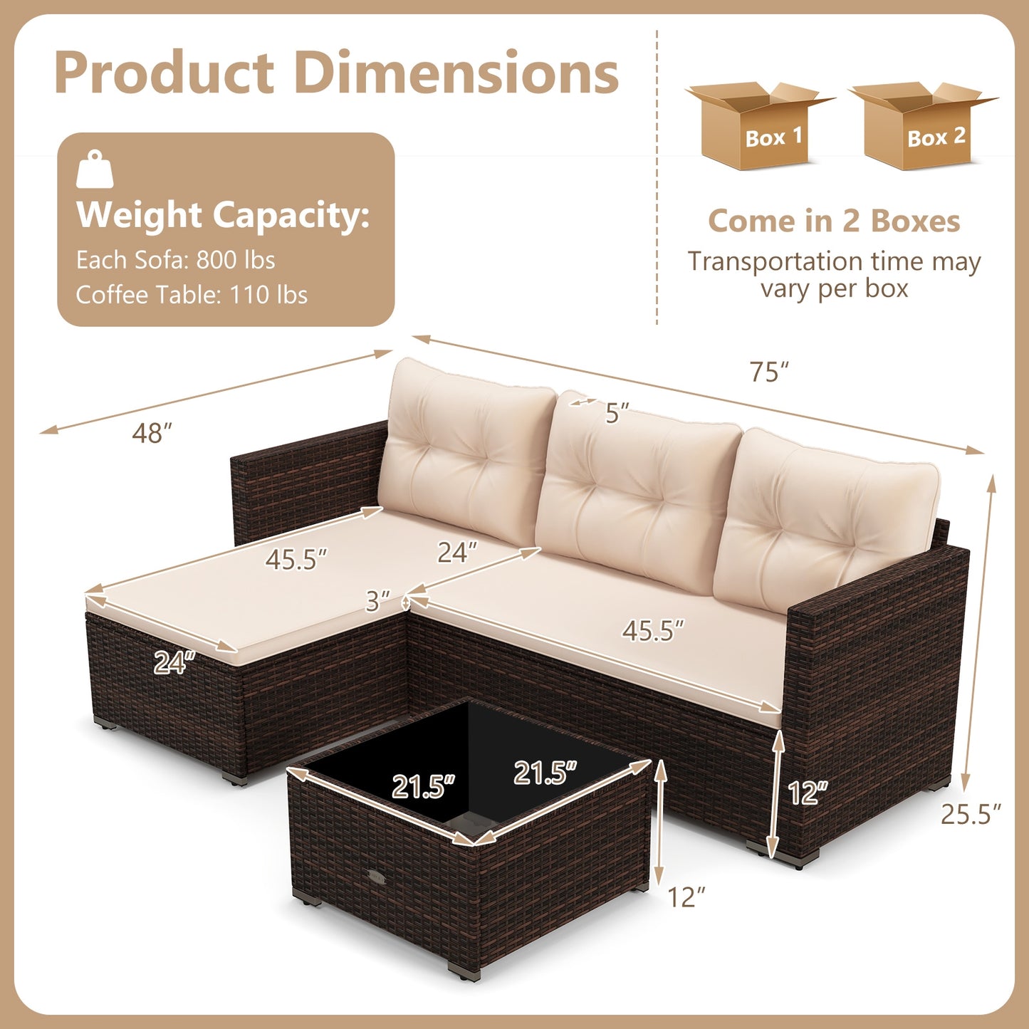 4 Seats Outdoor Wicker Furniture Set with Tempered Glass Coffee Table and Soft Cushions-Beige
