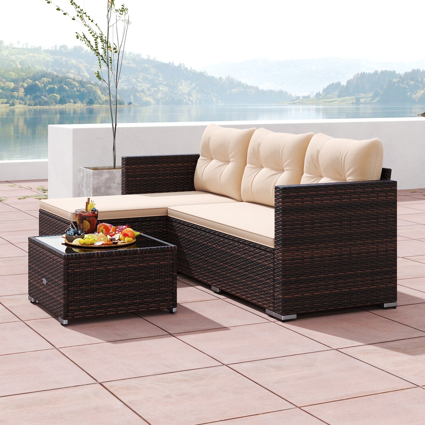 4 Seats Outdoor Wicker Furniture Set with Tempered Glass Coffee Table and Soft Cushions-Beige