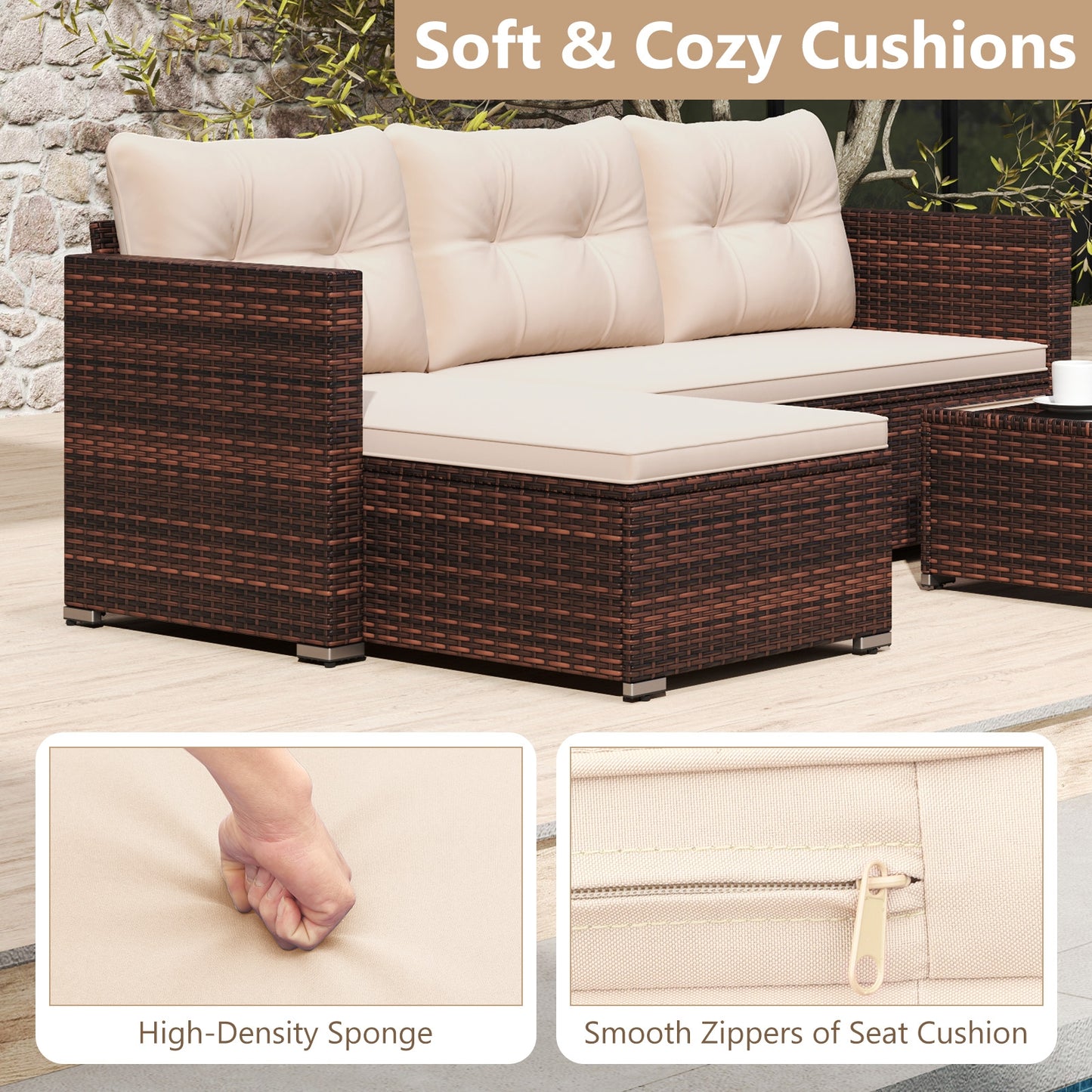 4 Seats Outdoor Wicker Furniture Set with Tempered Glass Coffee Table and Soft Cushions-Beige