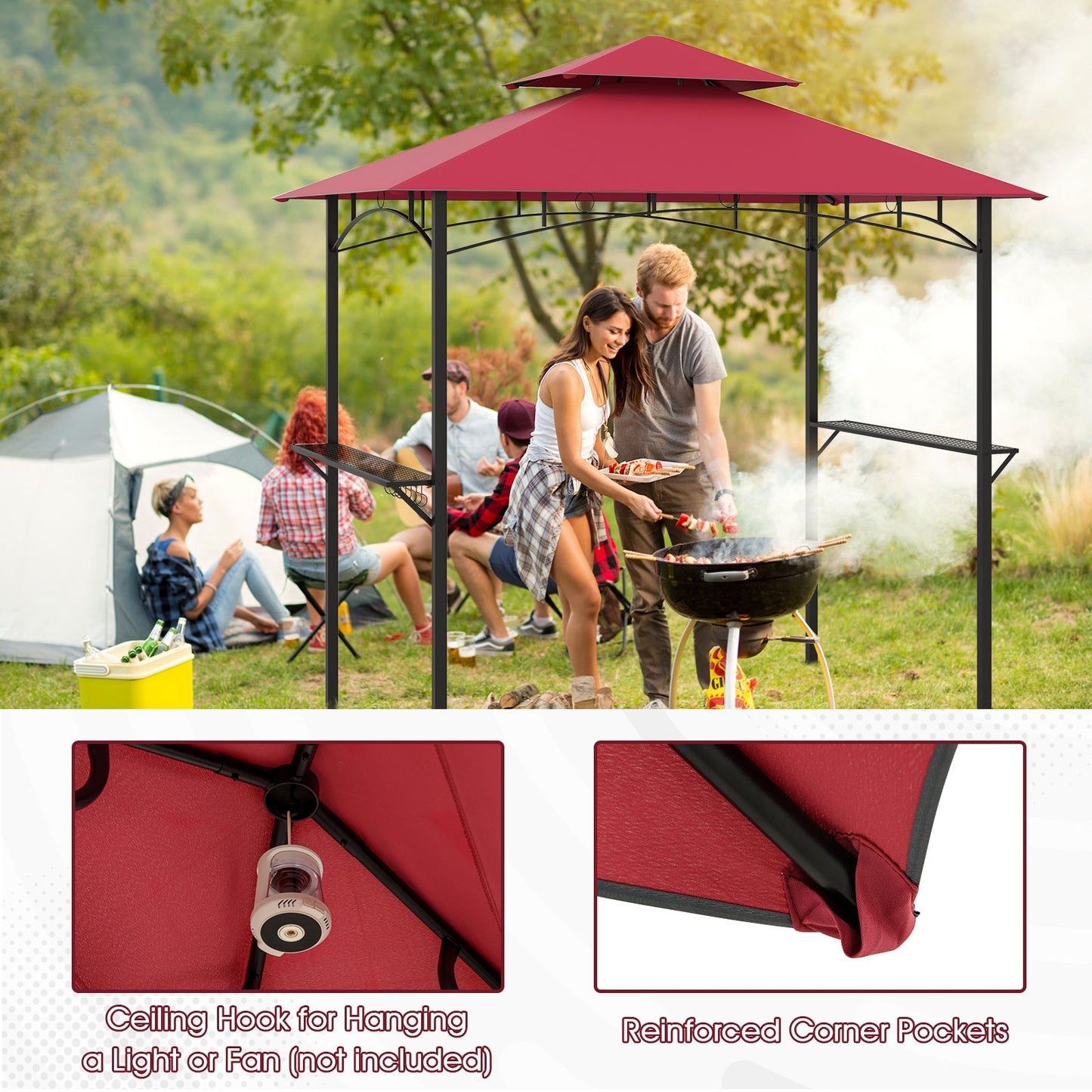 Outdoor Double-Tiered Grill Gazebo Canopy with 2 Shelves and 7 Hooks-Red