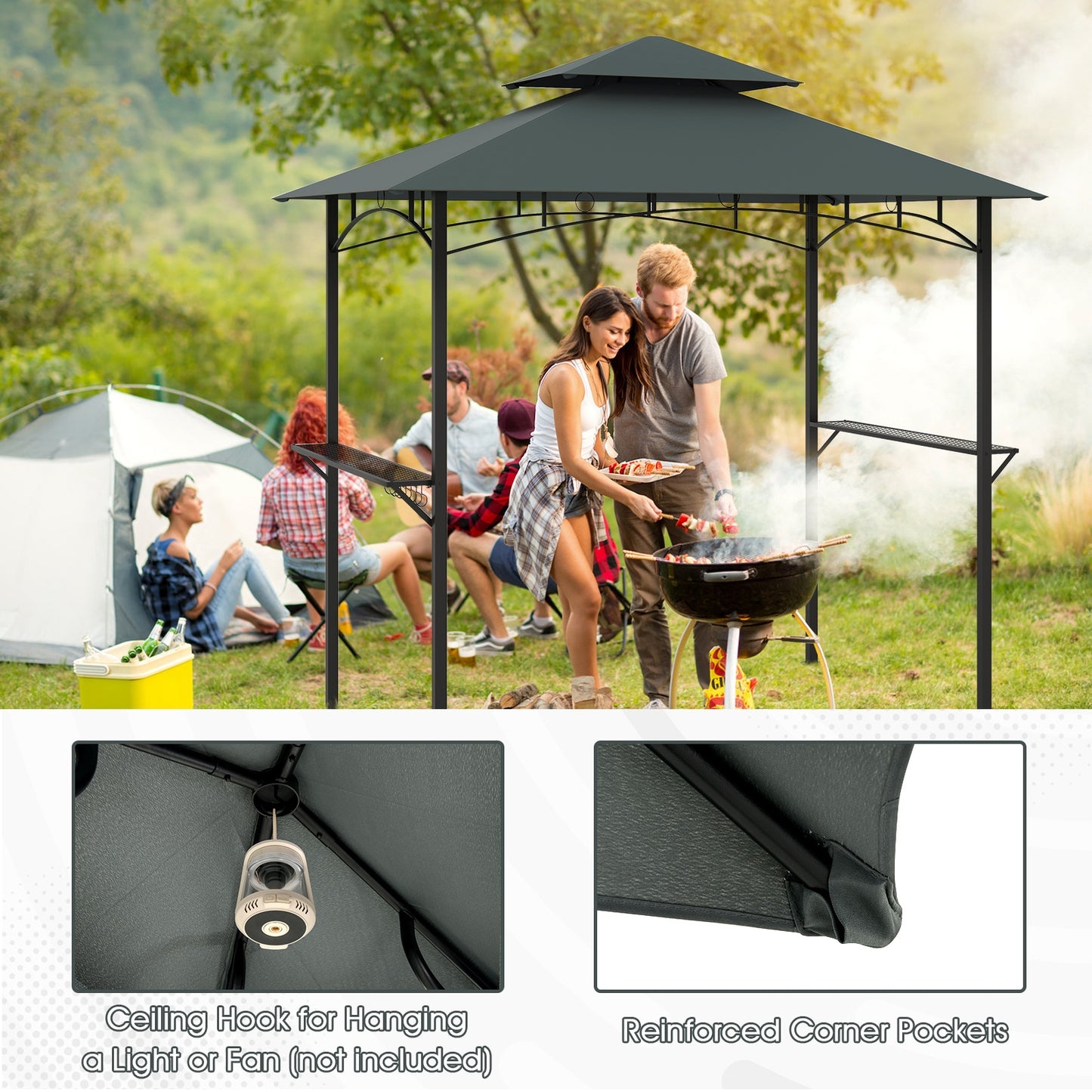 Outdoor Double-Tiered Grill Gazebo Canopy with 2 Shelves and 7 Hooks-Gray