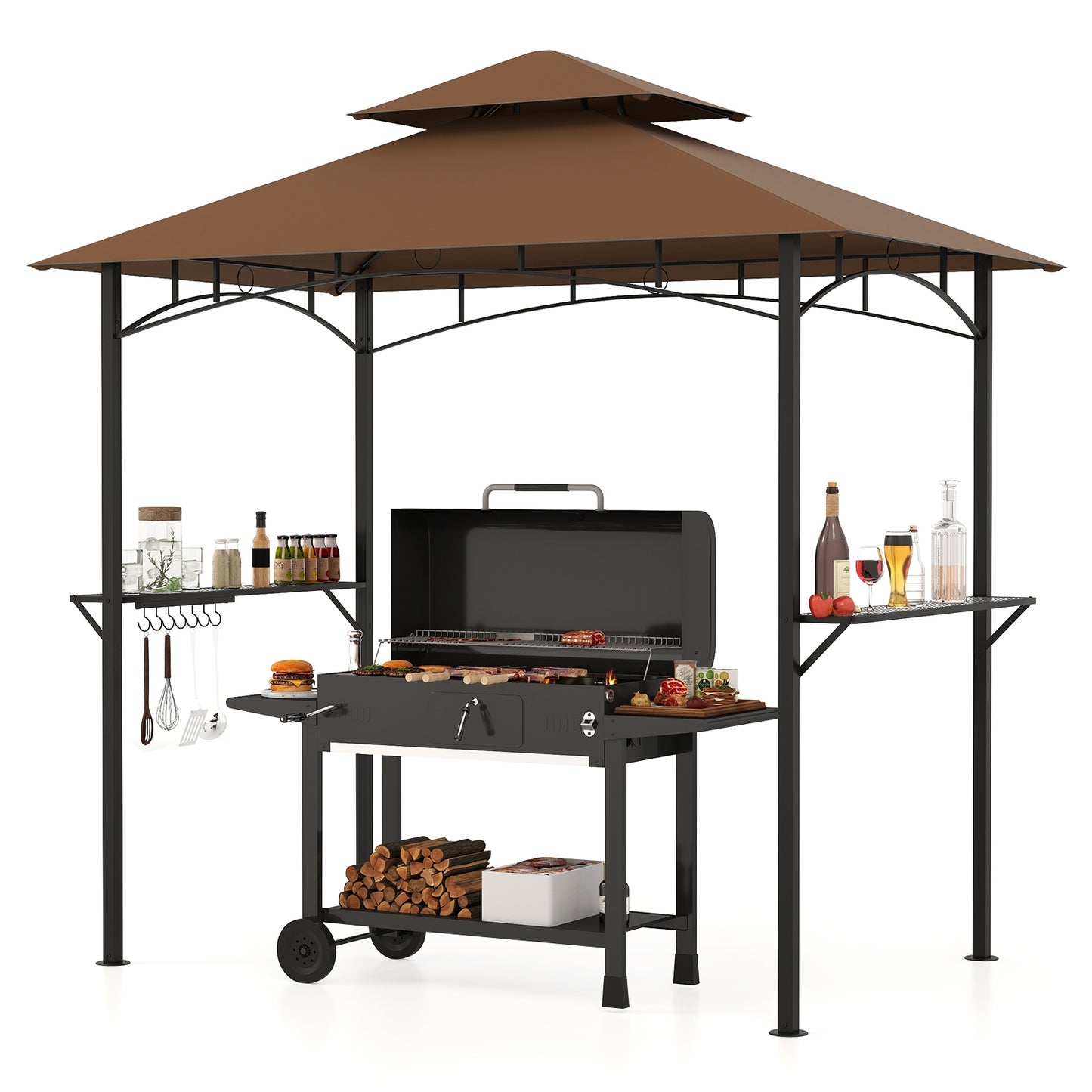 Outdoor Double-Tiered Grill Gazebo Canopy with 2 Shelves and 7 Hooks-Coffee
