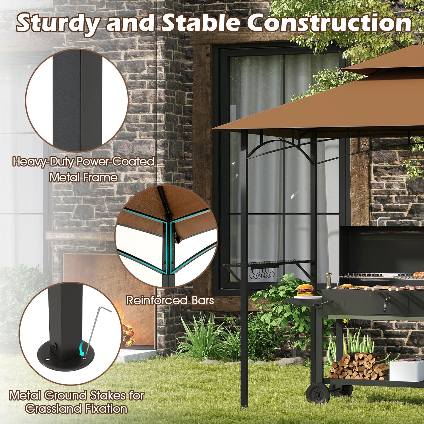 Outdoor Double-Tiered Grill Gazebo Canopy with 2 Shelves and 7 Hooks-Coffee