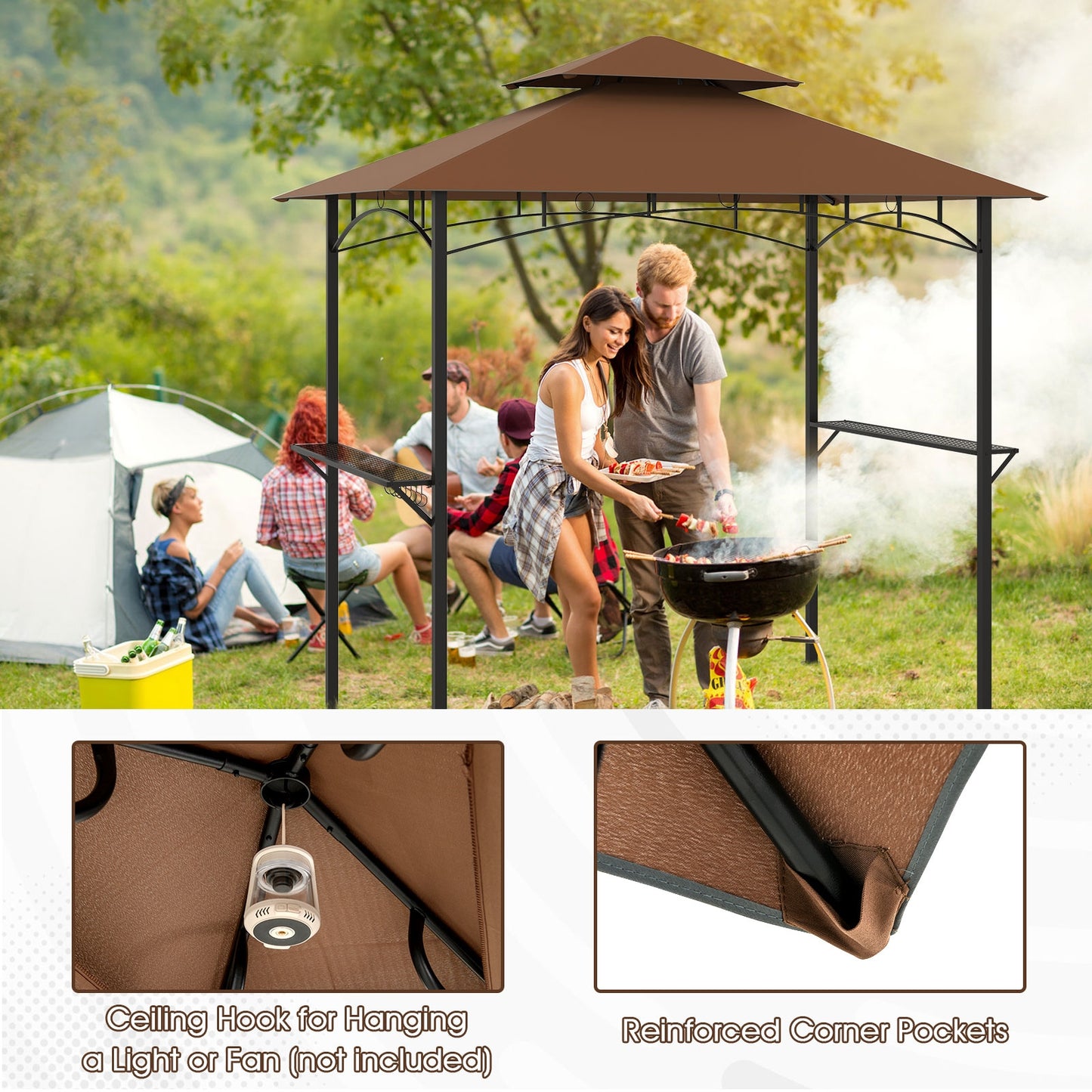 Outdoor Double-Tiered Grill Gazebo Canopy with 2 Shelves and 7 Hooks-Coffee