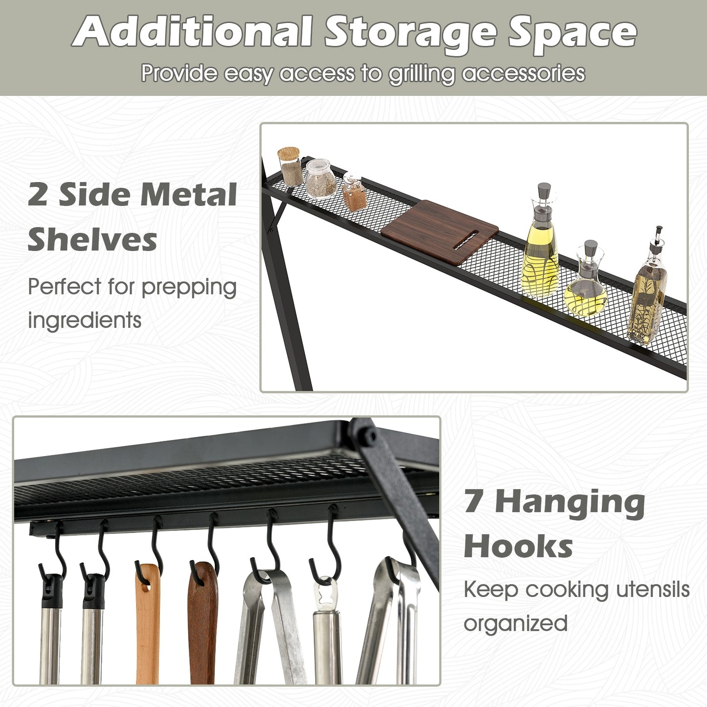 Outdoor Double-Tiered Grill Gazebo Canopy with 2 Shelves and 7 Hooks-Beige