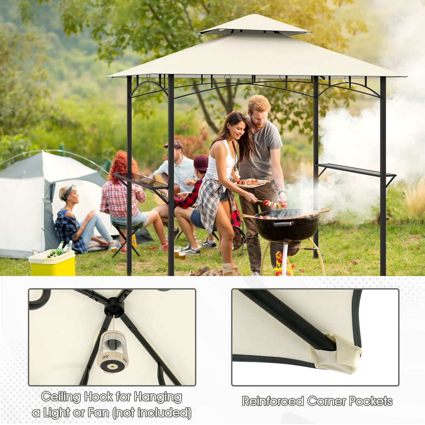 Outdoor Double-Tiered Grill Gazebo Canopy with 2 Shelves and 7 Hooks-Beige