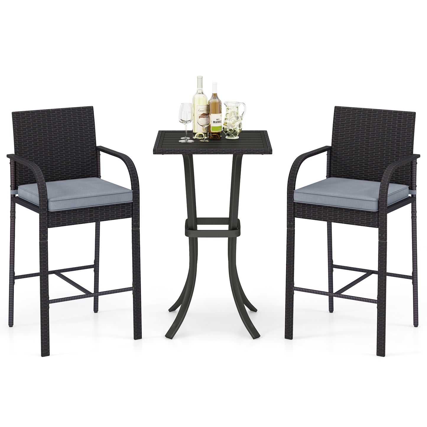 3-Piece Patio Wicker Rattan Bar Height Chairs and Square Table Set-Black