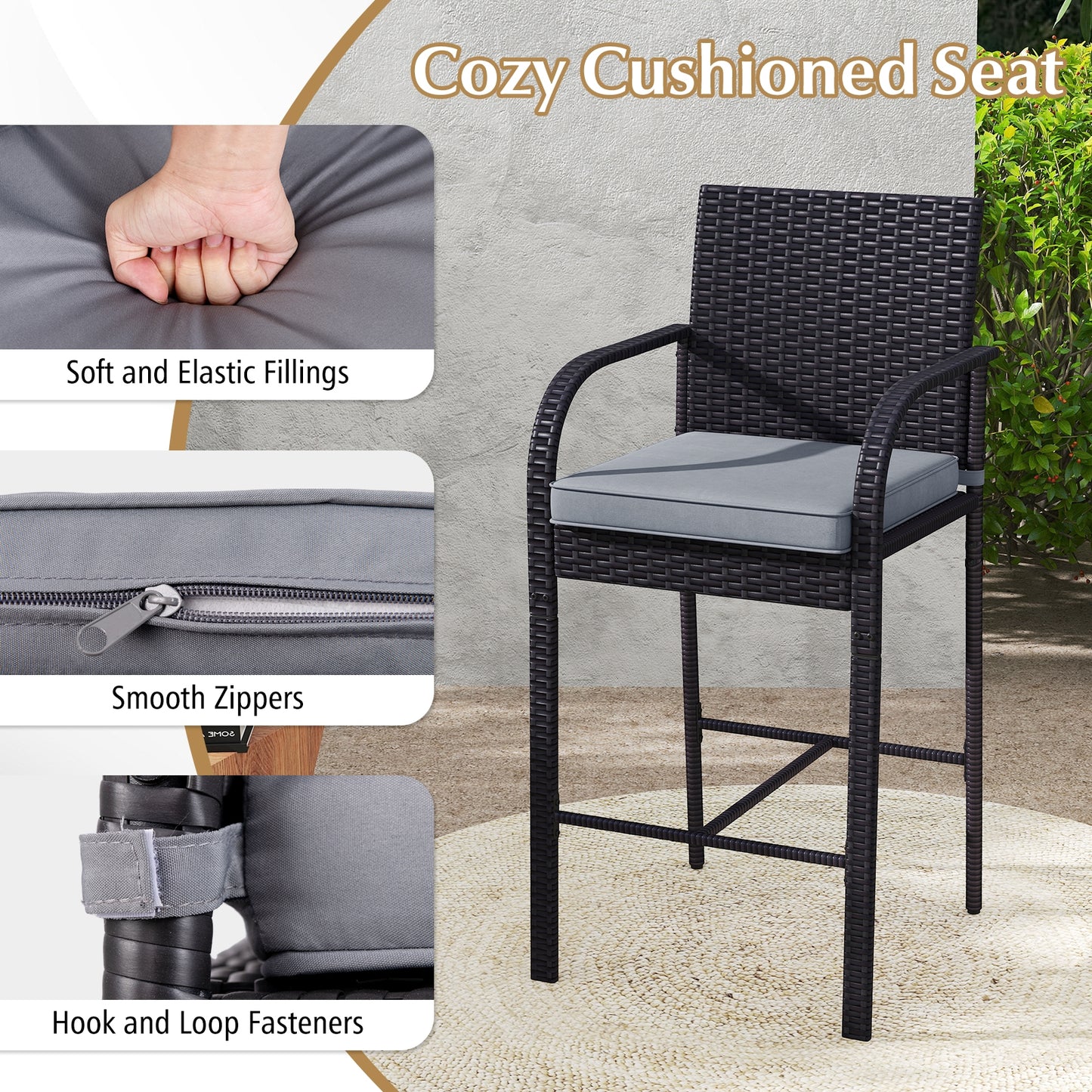 3-Piece Patio Wicker Rattan Bar Height Chairs and Square Table Set-Black