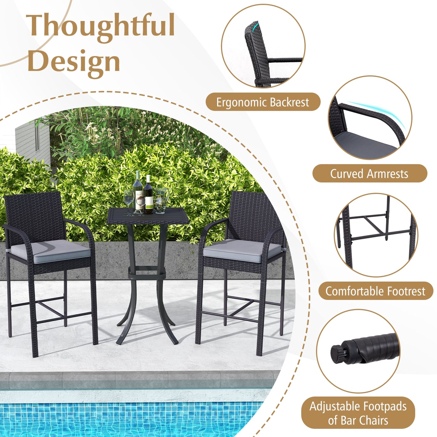 3-Piece Patio Wicker Rattan Bar Height Chairs and Square Table Set-Black