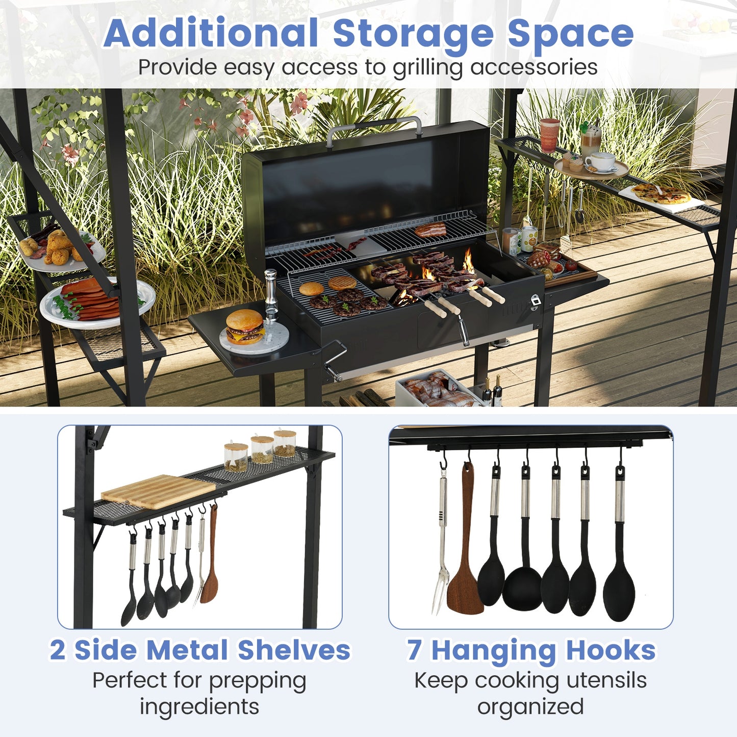 13 x 5 Feet Grill Gazebo with Dual Side Awnings and 2 Shelves Adjustable Shadow-Gray