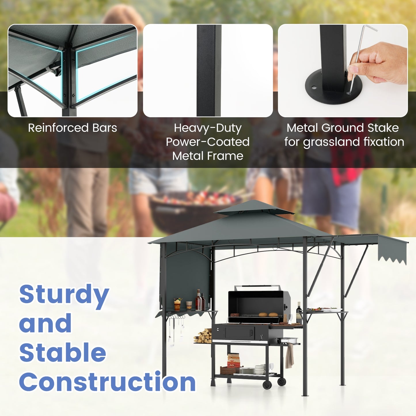 13 x 5 Feet Grill Gazebo with Dual Side Awnings and 2 Shelves Adjustable Shadow-Gray