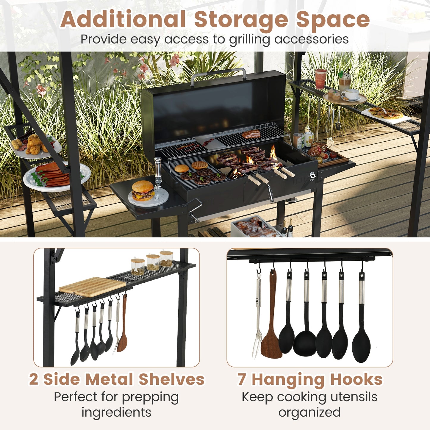 13 x 5 Feet Grill Gazebo with Dual Side Awnings and 2 Shelves Adjustable Shadow-Coffee