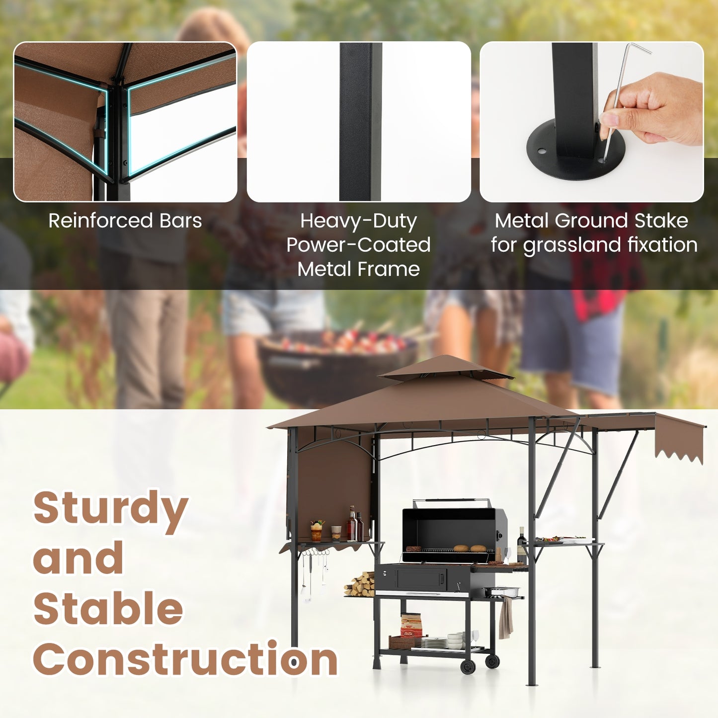 13 x 5 Feet Grill Gazebo with Dual Side Awnings and 2 Shelves Adjustable Shadow-Coffee
