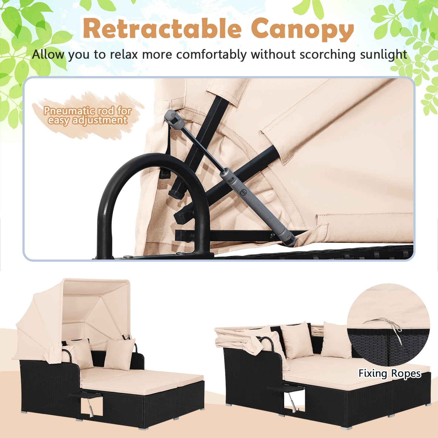 Patio Rattan Daybed with Retractable Canopy and Side Tables-Beige