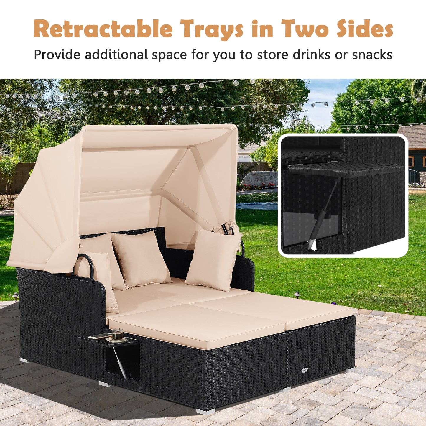 Patio Rattan Daybed with Retractable Canopy and Side Tables-Beige