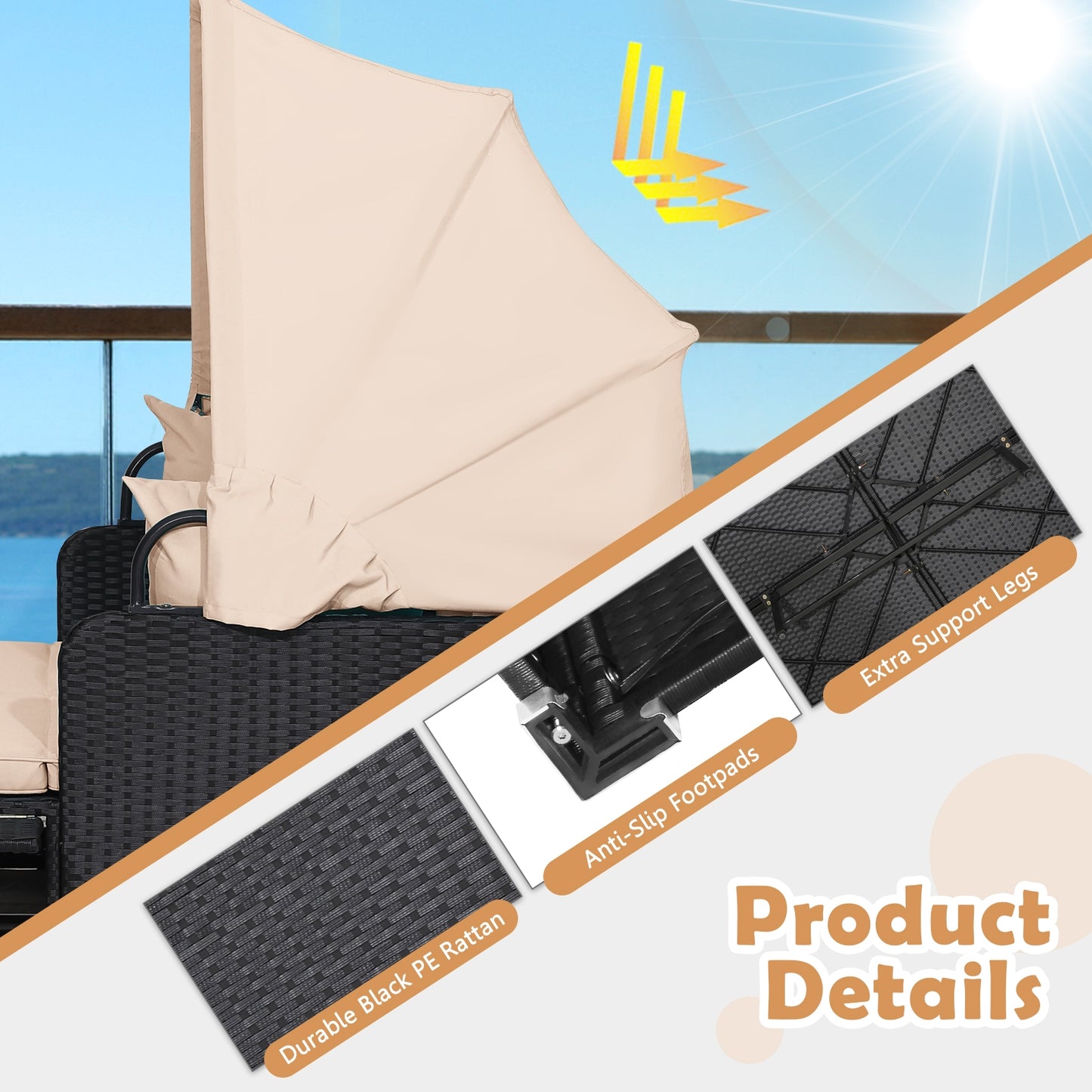 Patio Rattan Daybed with Retractable Canopy and Side Tables-Beige