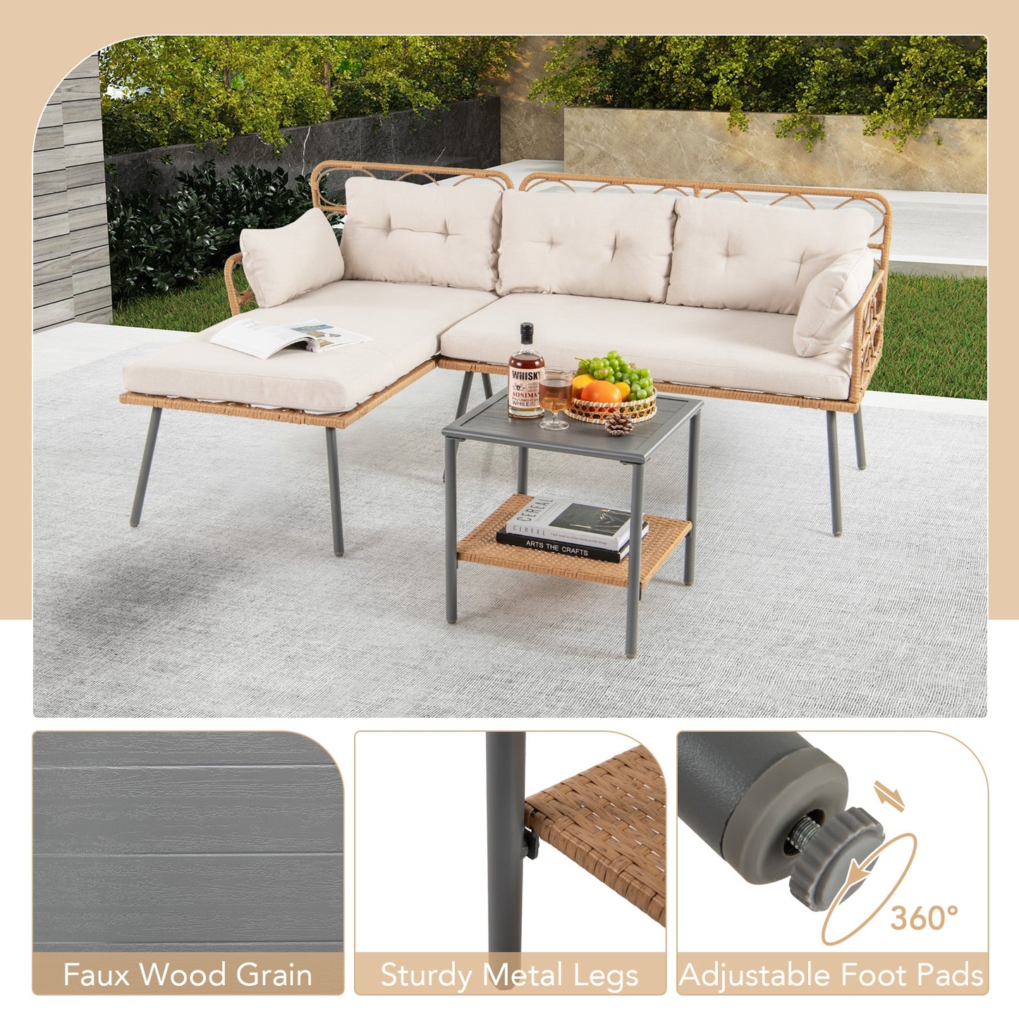 3 Pieces Corner Patio Furniture with Small Coffee Table-Beige