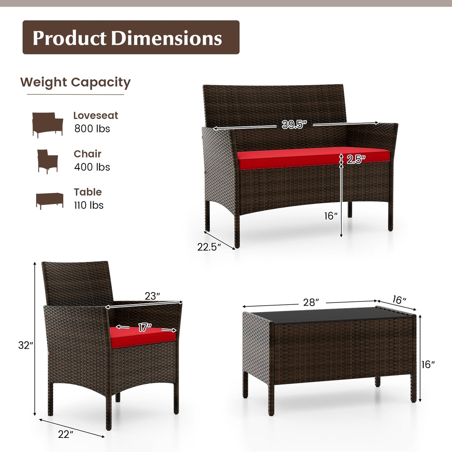 4 Piece Patio Rattan Conversation Set with Cozy Seat Cushions-Red