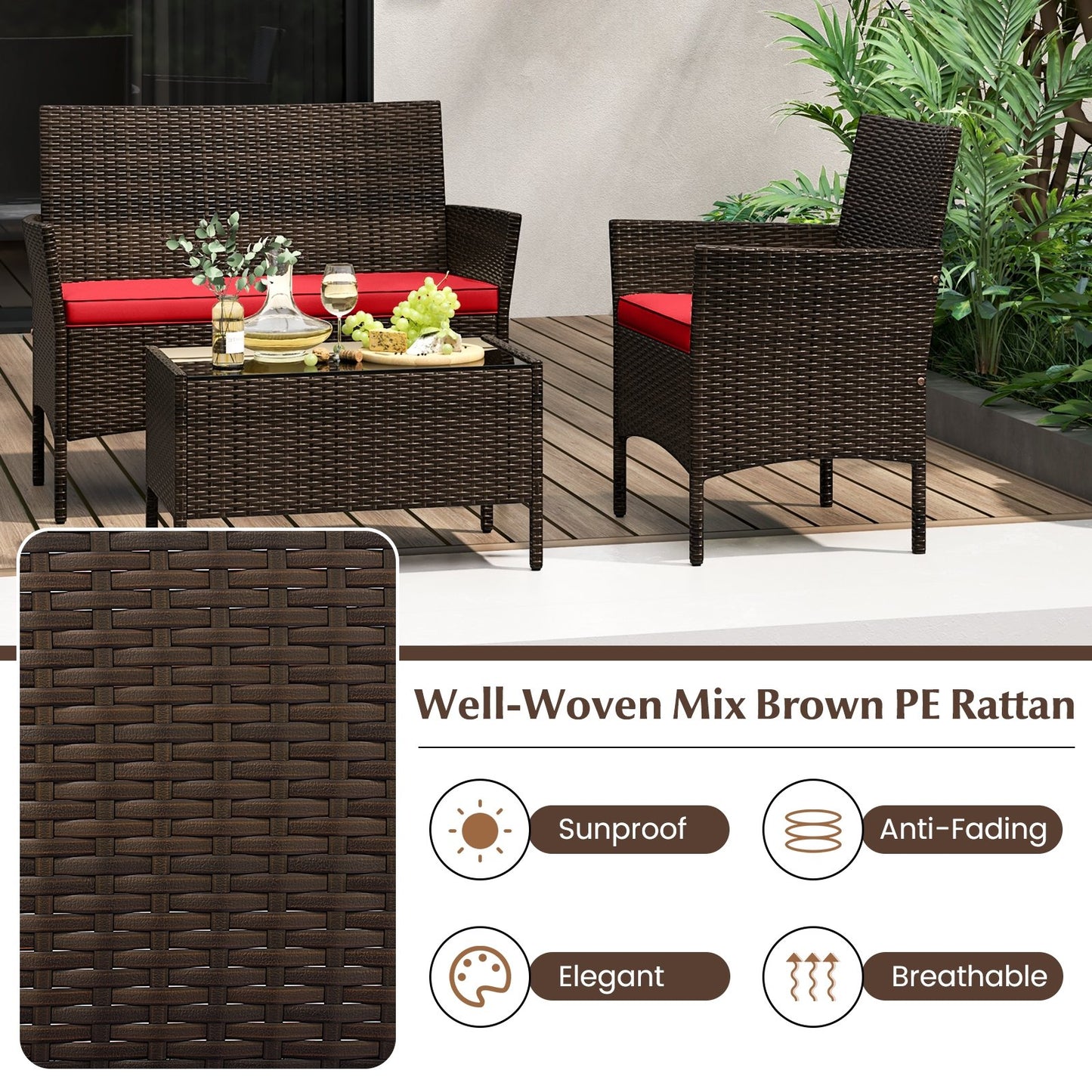 4 Piece Patio Rattan Conversation Set with Cozy Seat Cushions-Red