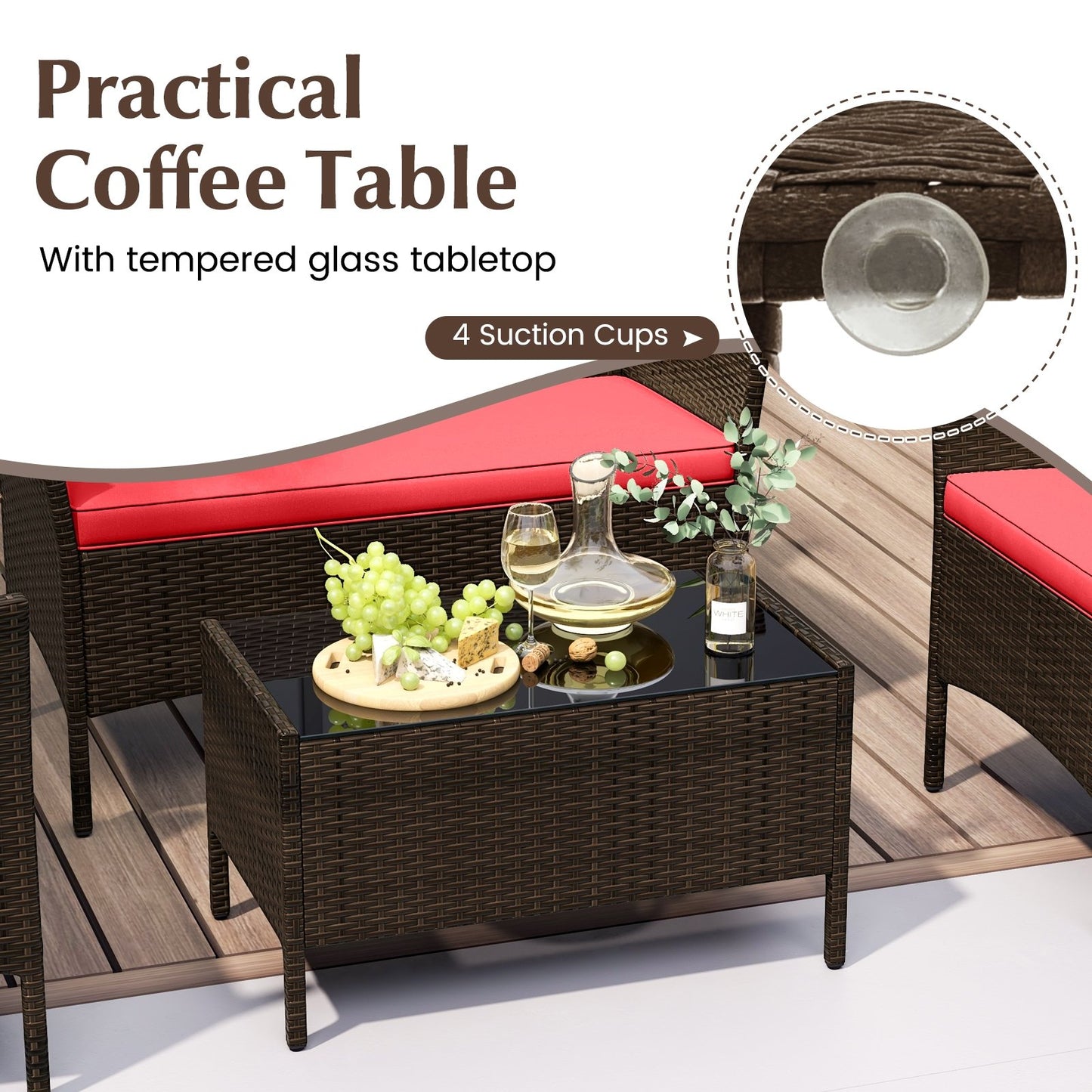 4 Piece Patio Rattan Conversation Set with Cozy Seat Cushions-Red