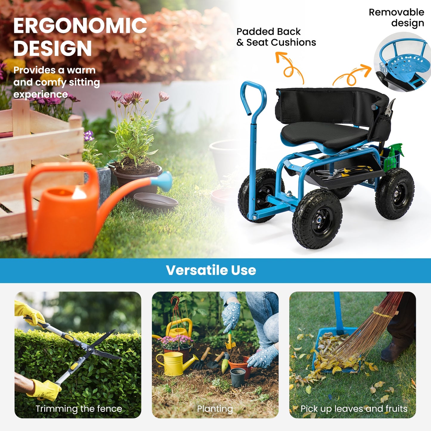 Cushioned Rolling Garden Cart Scooter with Storage Basket and Tool Pouch-Blue