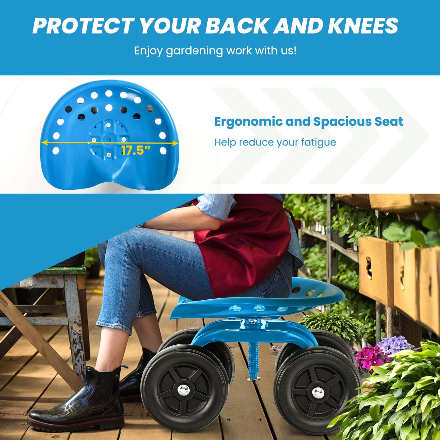 Garden Rolling Workseat with 360° Swivel Seat and Adjustable Height-Blue