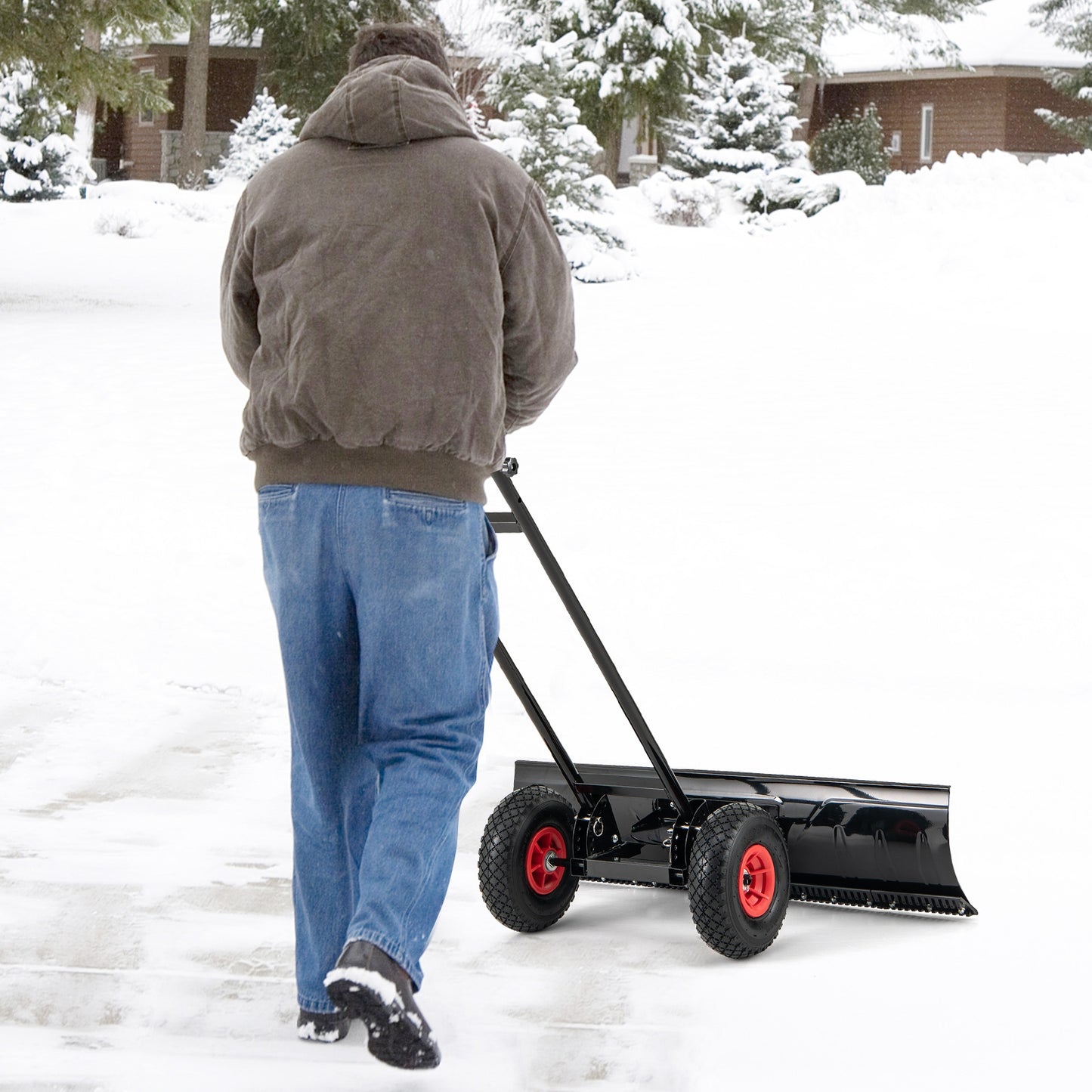 36 Inches Snow Shovel with Wheels and Adjustable Angle-Black