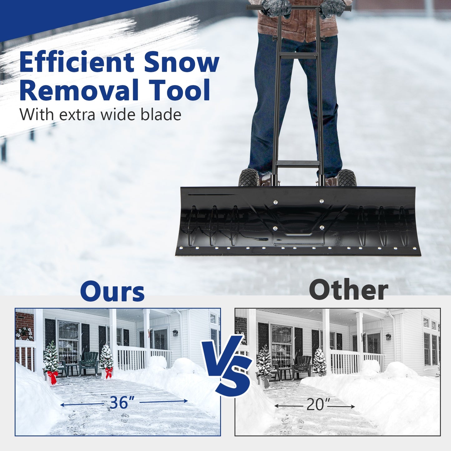 36 Inches Snow Shovel with Wheels and Adjustable Angle-Black