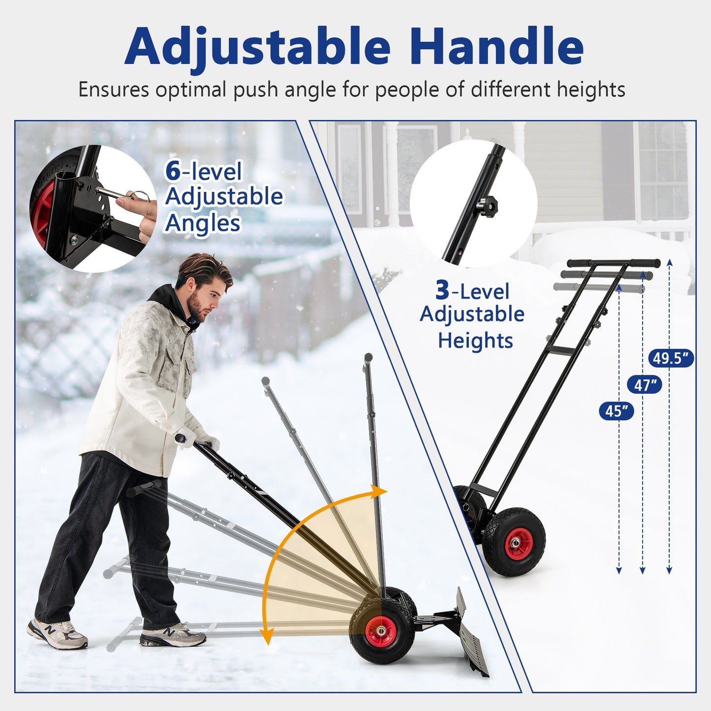 36 Inches Snow Shovel with Wheels and Adjustable Angle-Black