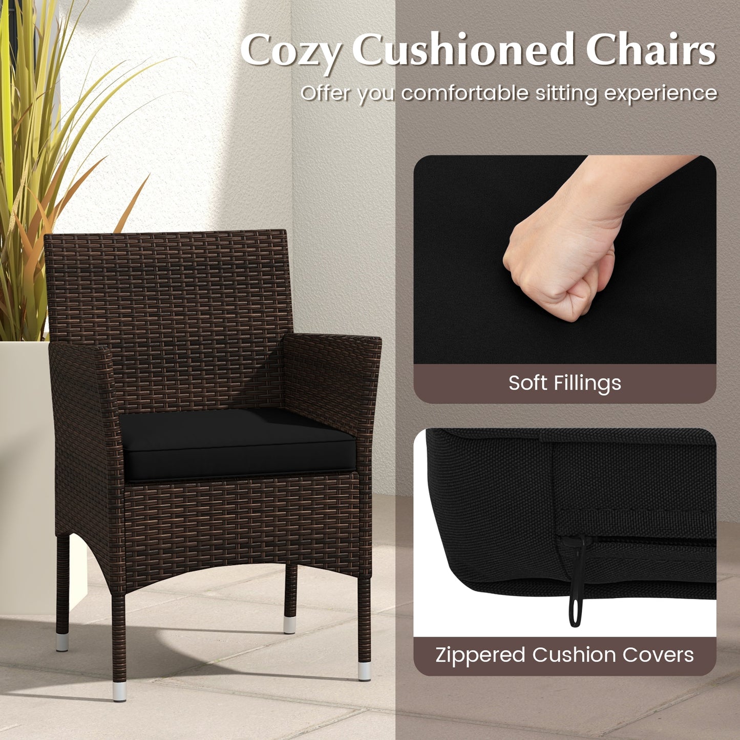 3 Pieces Outdoor Conversation Set with Cushioned Seat and Glass Tabletop-Black
