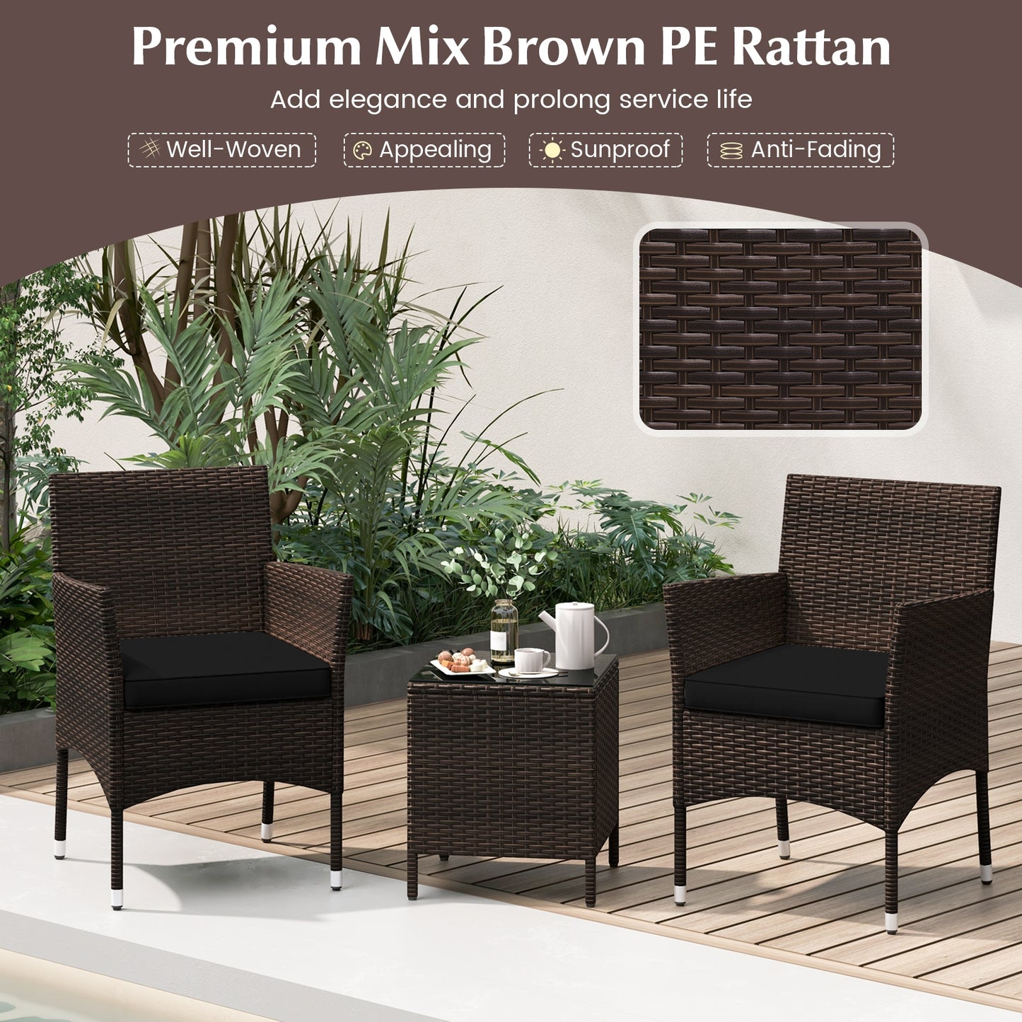 3 Pieces Outdoor Conversation Set with Cushioned Seat and Glass Tabletop-Black