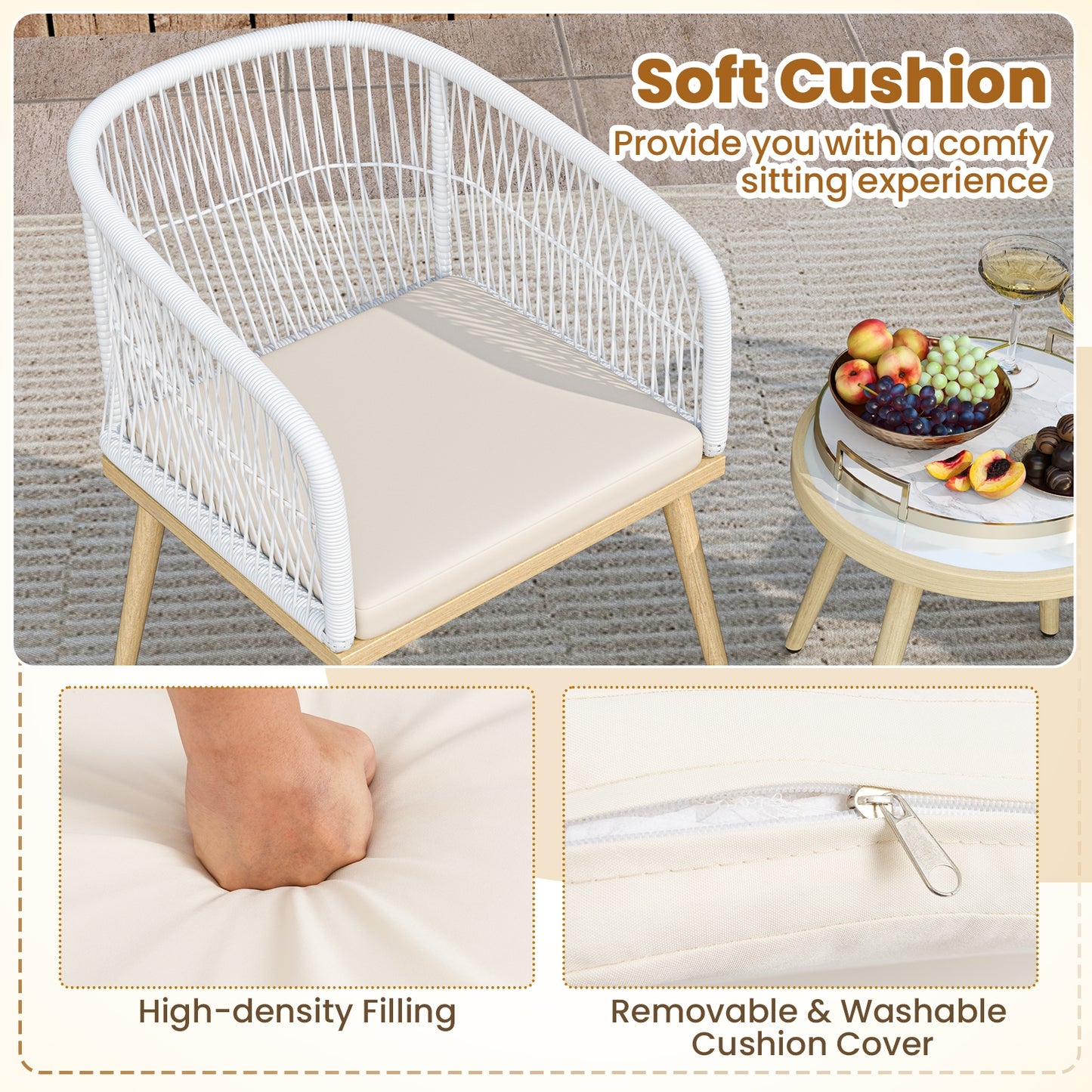 3 Pieces Outdoor Bistro PE Wicker Conversation Furniture Set-White