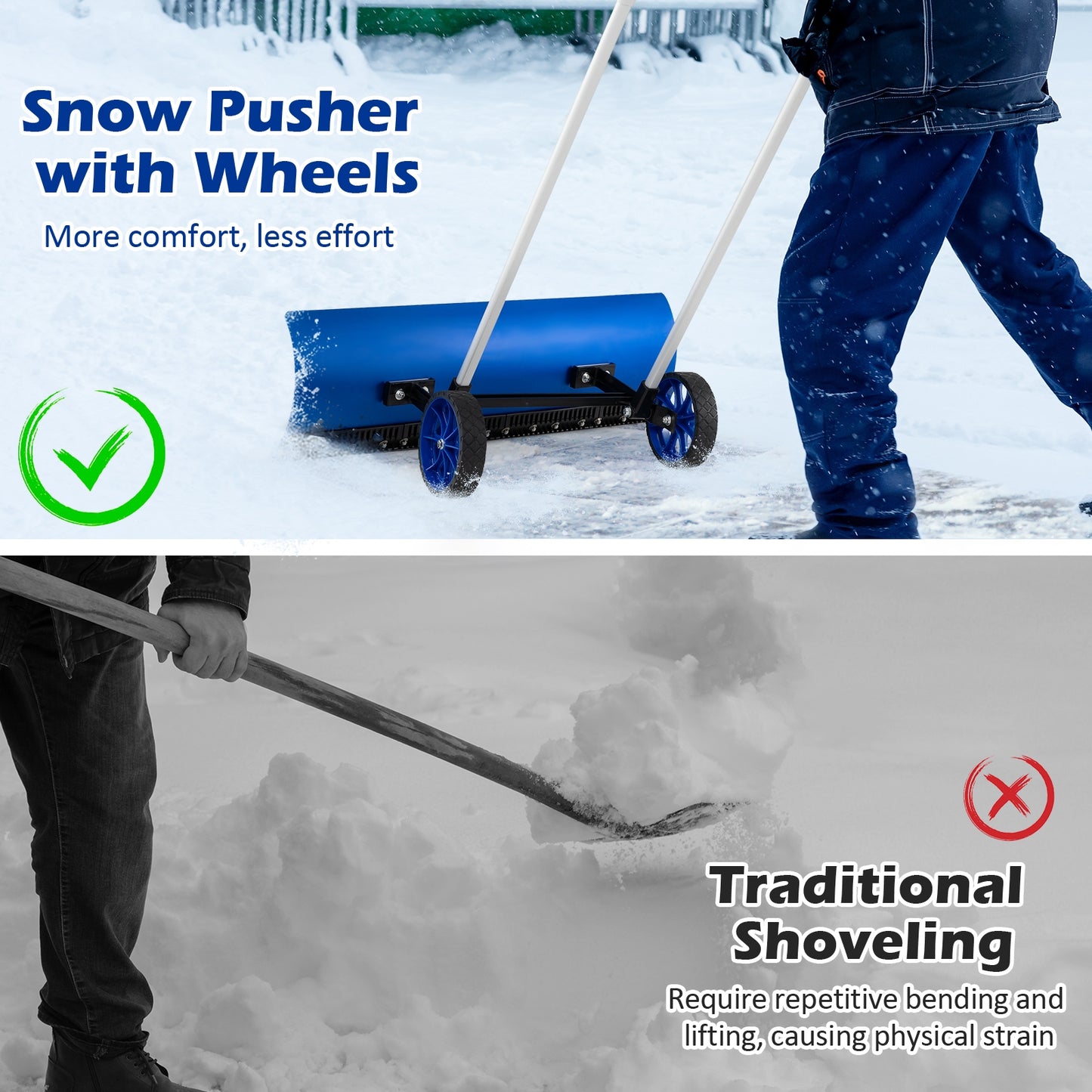 37.5 Inches Aluminum Snow Shovel with Wheels and Bi-Directional Angled Blade-Blue