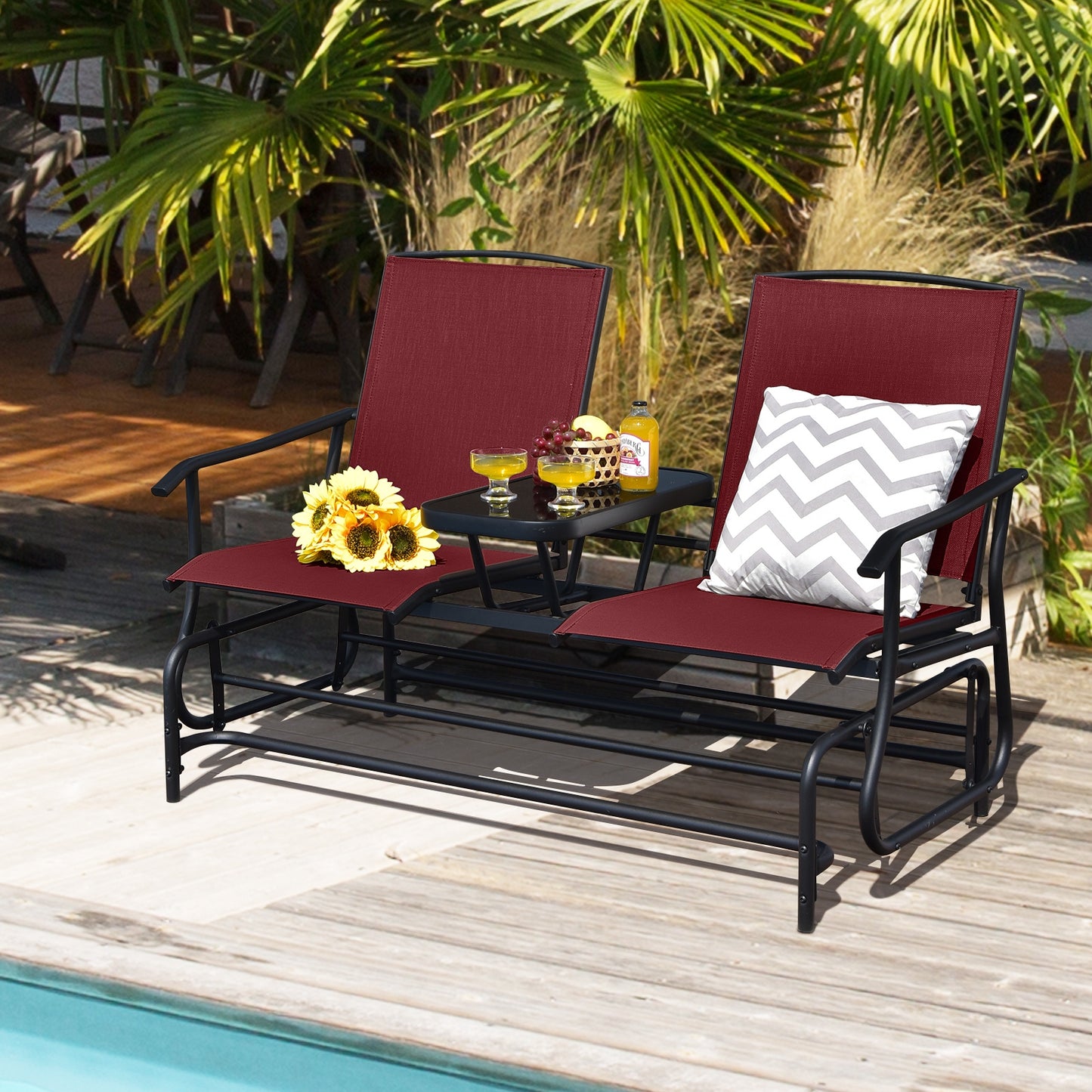 2-Person Double Rocking Loveseat with Mesh Fabric and Center Tempered Glass Table-Red