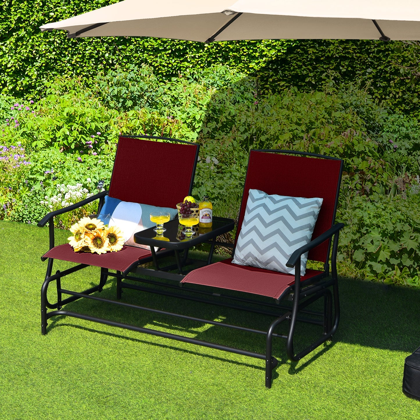 2-Person Double Rocking Loveseat with Mesh Fabric and Center Tempered Glass Table-Red