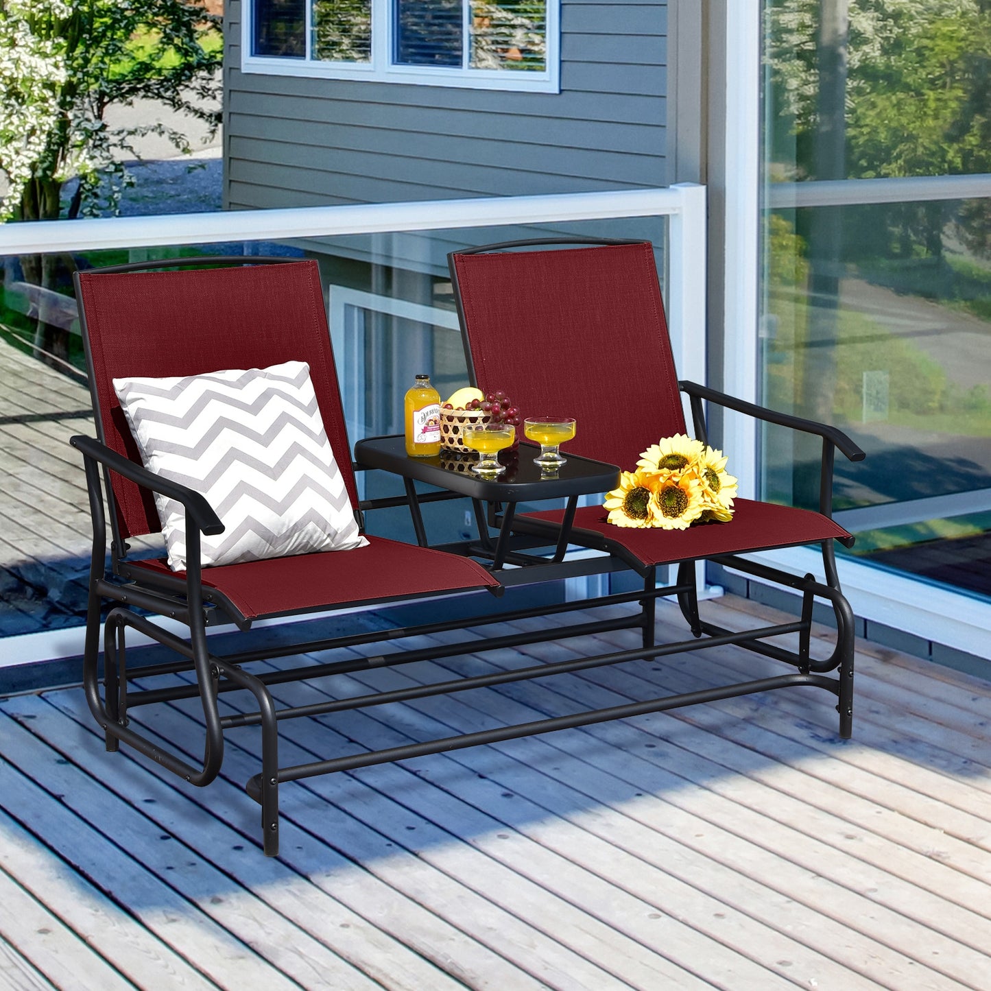 2-Person Double Rocking Loveseat with Mesh Fabric and Center Tempered Glass Table-Red