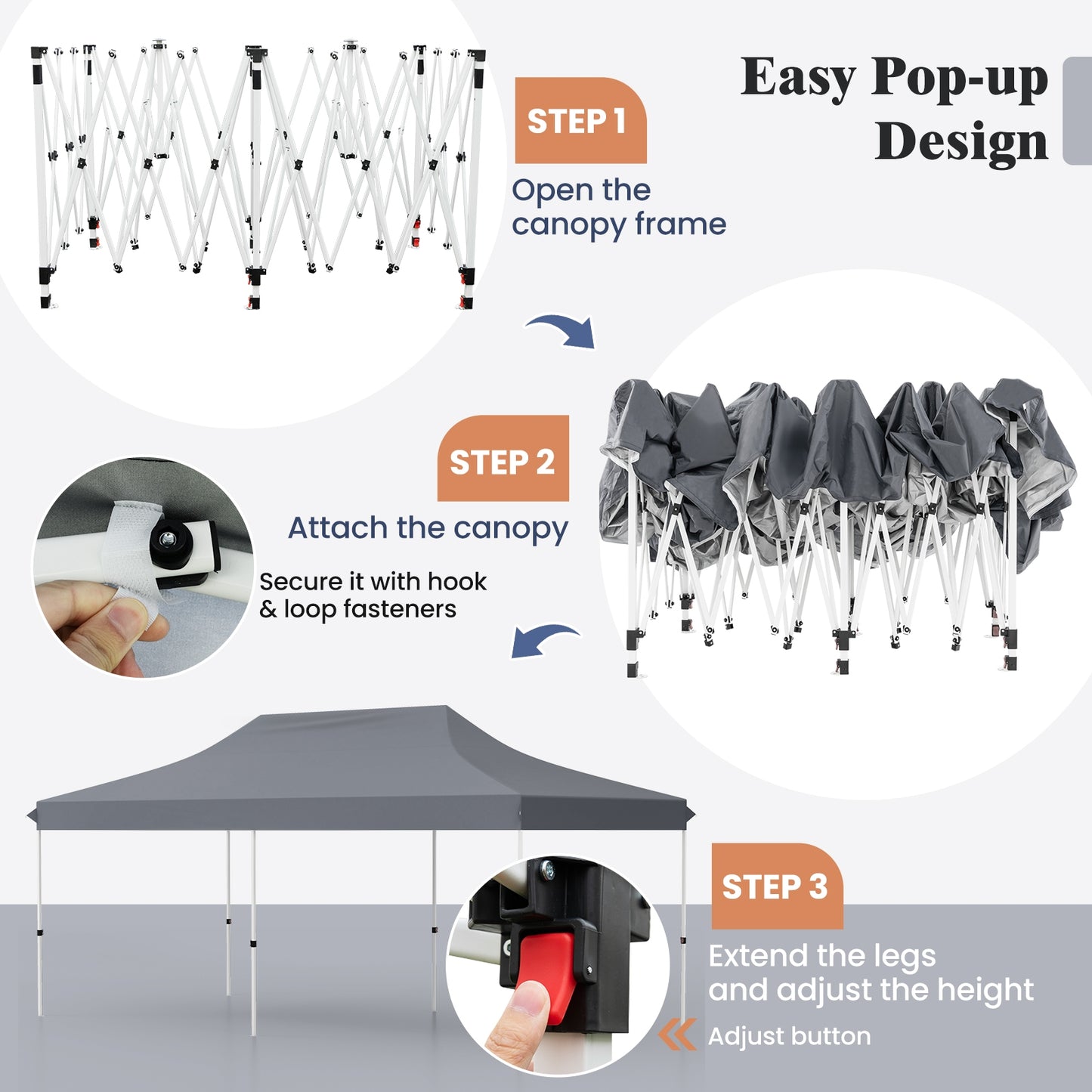 10 X 20 FT Pop up Canopy Tent Foldable Portable Outdoor Gazebo with Carry Bag-Gray