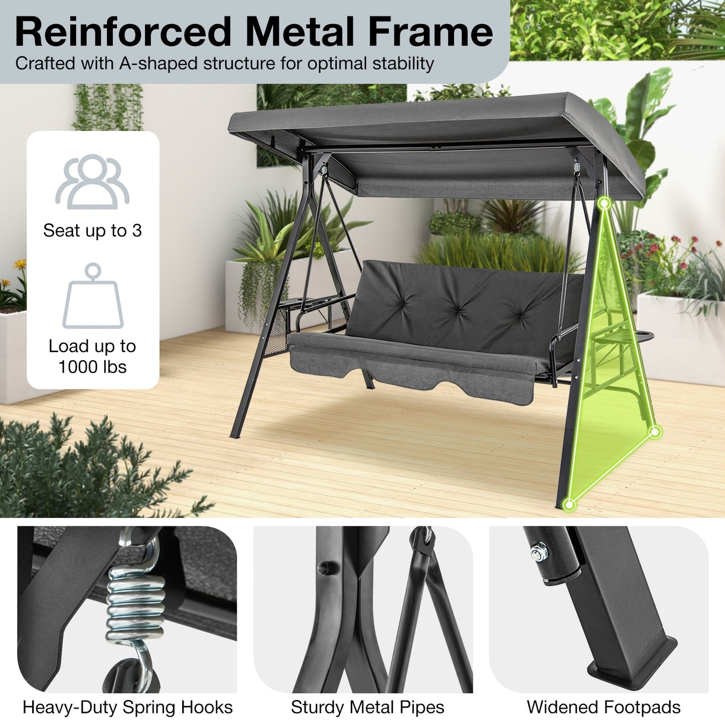 Convertible 3-Seat Patio Porch Swing Chair to Flat Bed with Adjustable Canopy-Gray