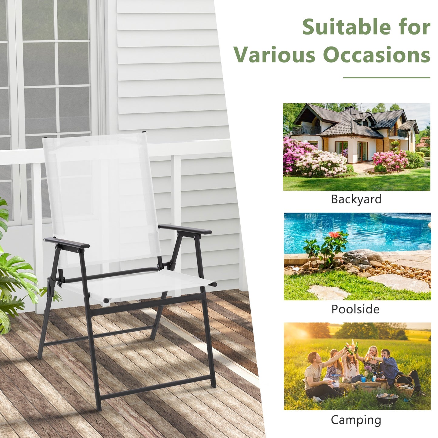 2 Pieces Patio Folding Chairs with Armrests for Deck Garden Yard-White