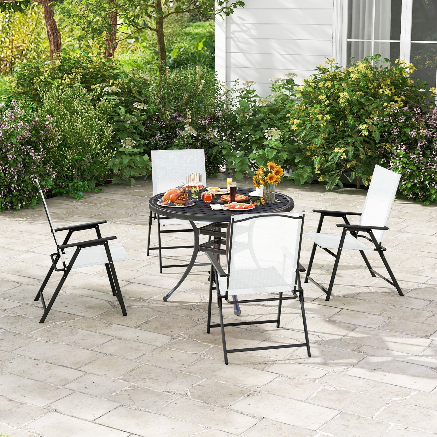 2 Pieces Patio Folding Chairs with Armrests for Deck Garden Yard-White