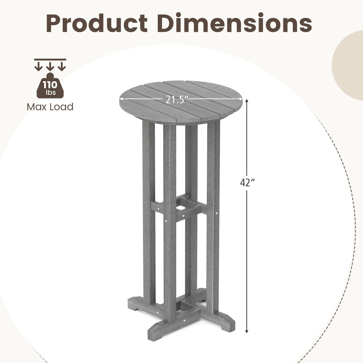 21.5 Inch Round Bar Table Patio HDPE Bar Height Dining Table with Slatted Tabletop-Gray